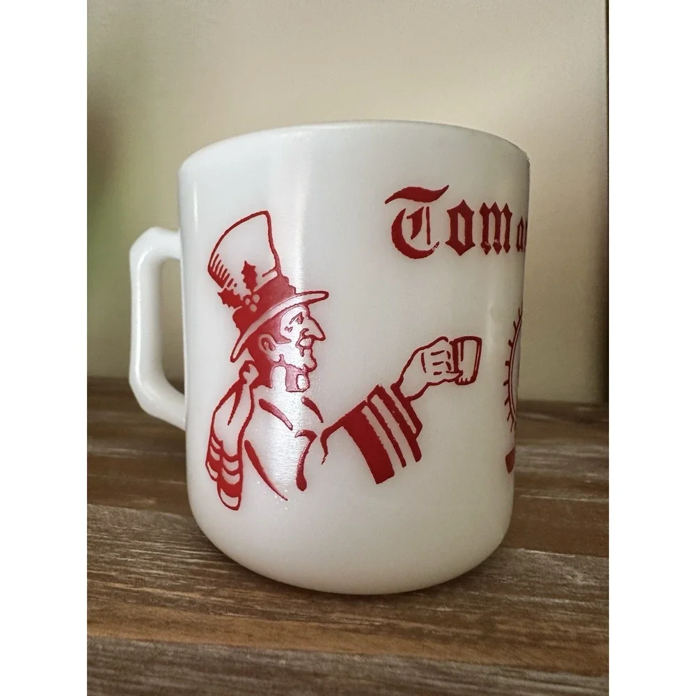 Tom and Jerry Hazel Atlas Egg Nog Glass Cup- RARE Holiday Milk Glass w/Red Print